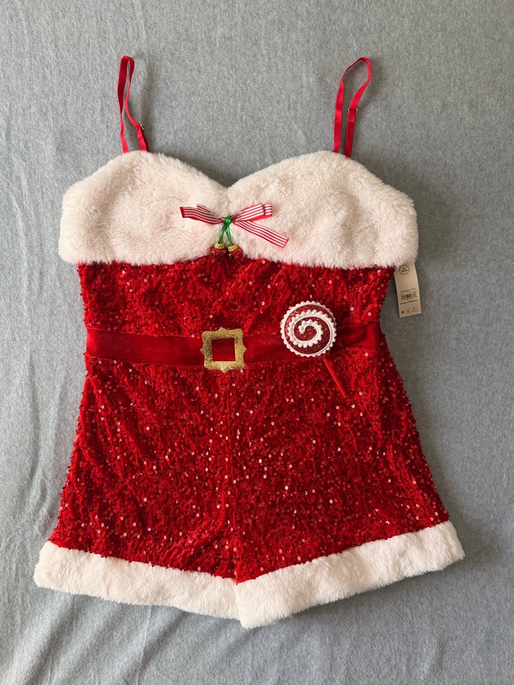 No Boundaries Red Sequin Santa Romper XL NWT Christmas Costume Mrs Claus Faux Fu